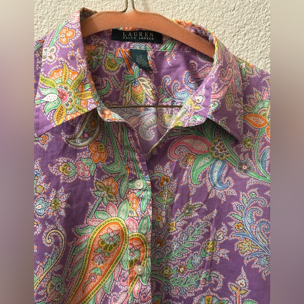 Lauren Ralph Lauren Shirt Women Violet Paisley Print 100% Cotton Button Up SizeL - Picture 2 of 7